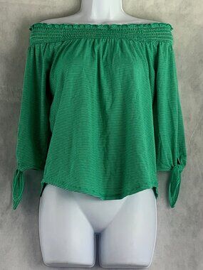 Maison Jules Women's Off-The-Shoulder 3/4-Sleeve Knit Top, Green Stripe, XS